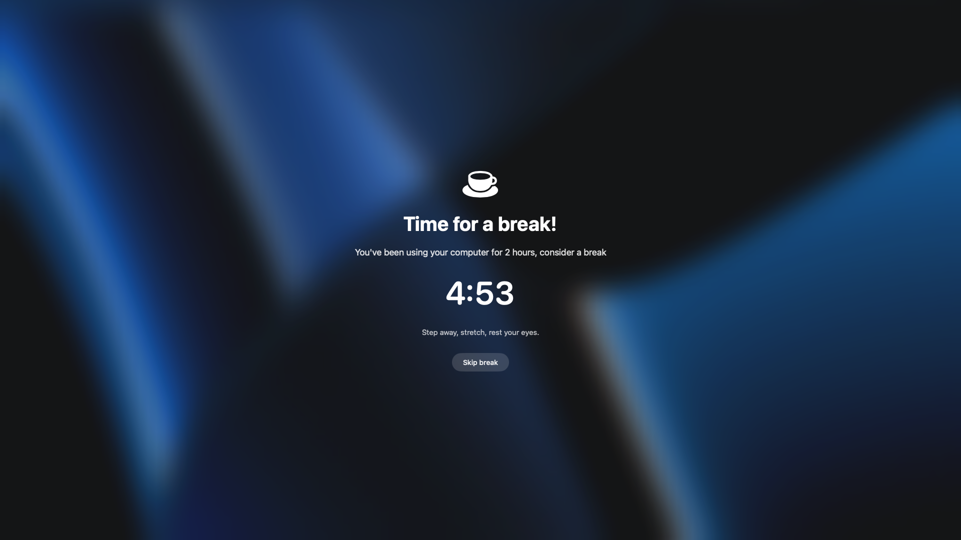 Full-screen break reminder with a countdown